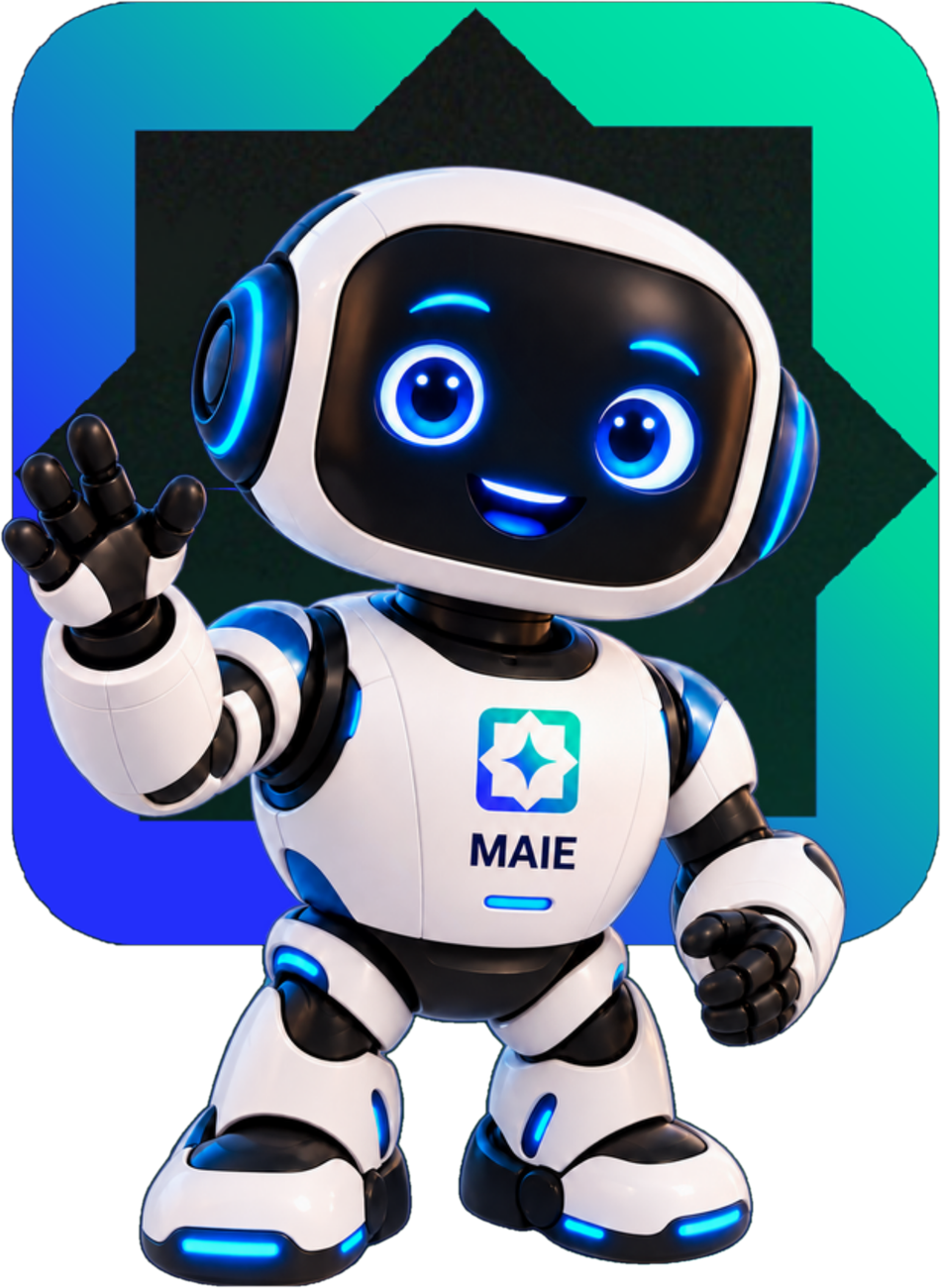 MAIE, a small white and blue robot, waving hello